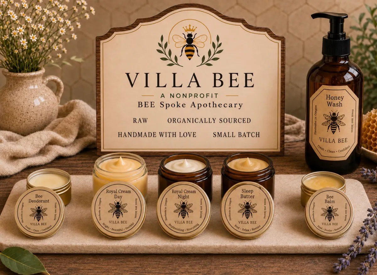 The Villa Bee apothecary display with all six products