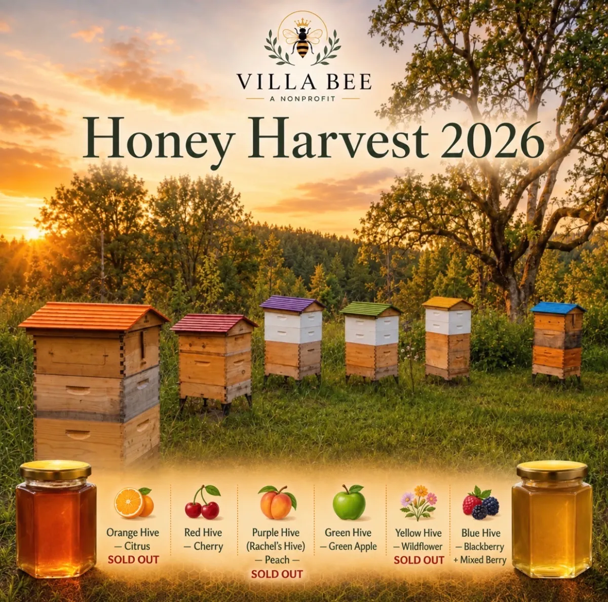 Villa Bee Honey Harvest 2026 poster with honey flavors by hive color