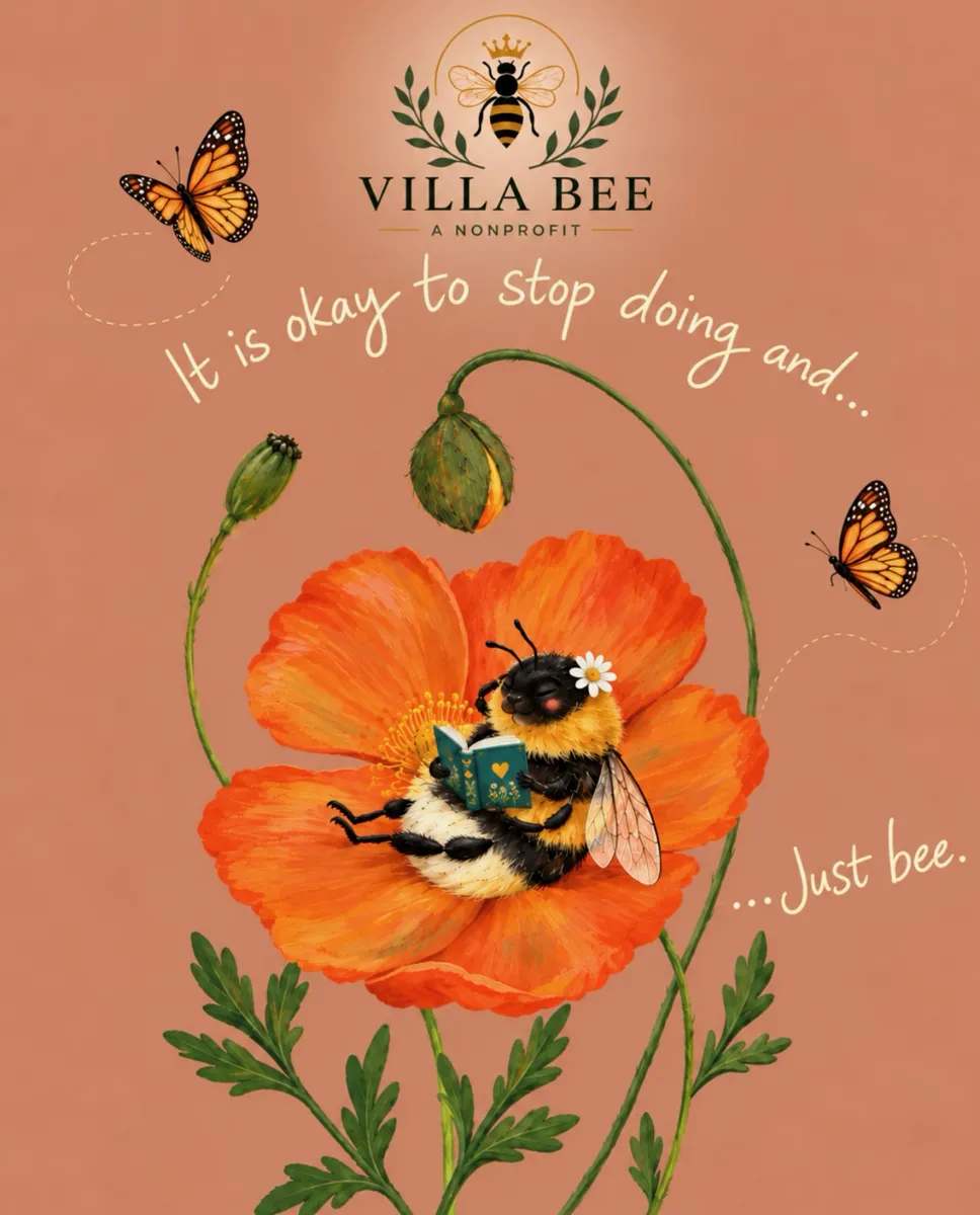 Villa Bee illustration of a bee on a poppy: It's okay to step away and just bee