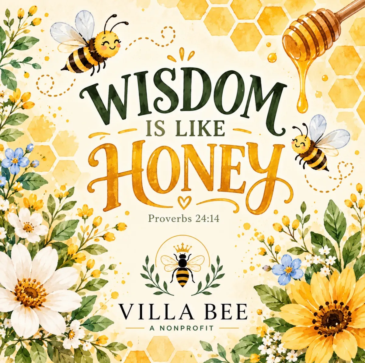 Villa Bee illustration: Wisdom is like honey, with bees and wildflowers
