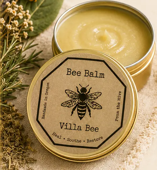 Open gold tin of yellow beeswax balm with a kraft hexagon Bee Balm label, surrounded by dried herbs