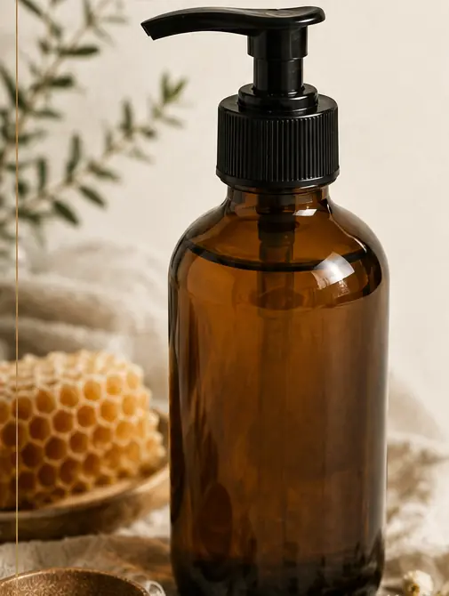 Amber glass pump bottle of cleanser beside honeycomb and chamomile flowers